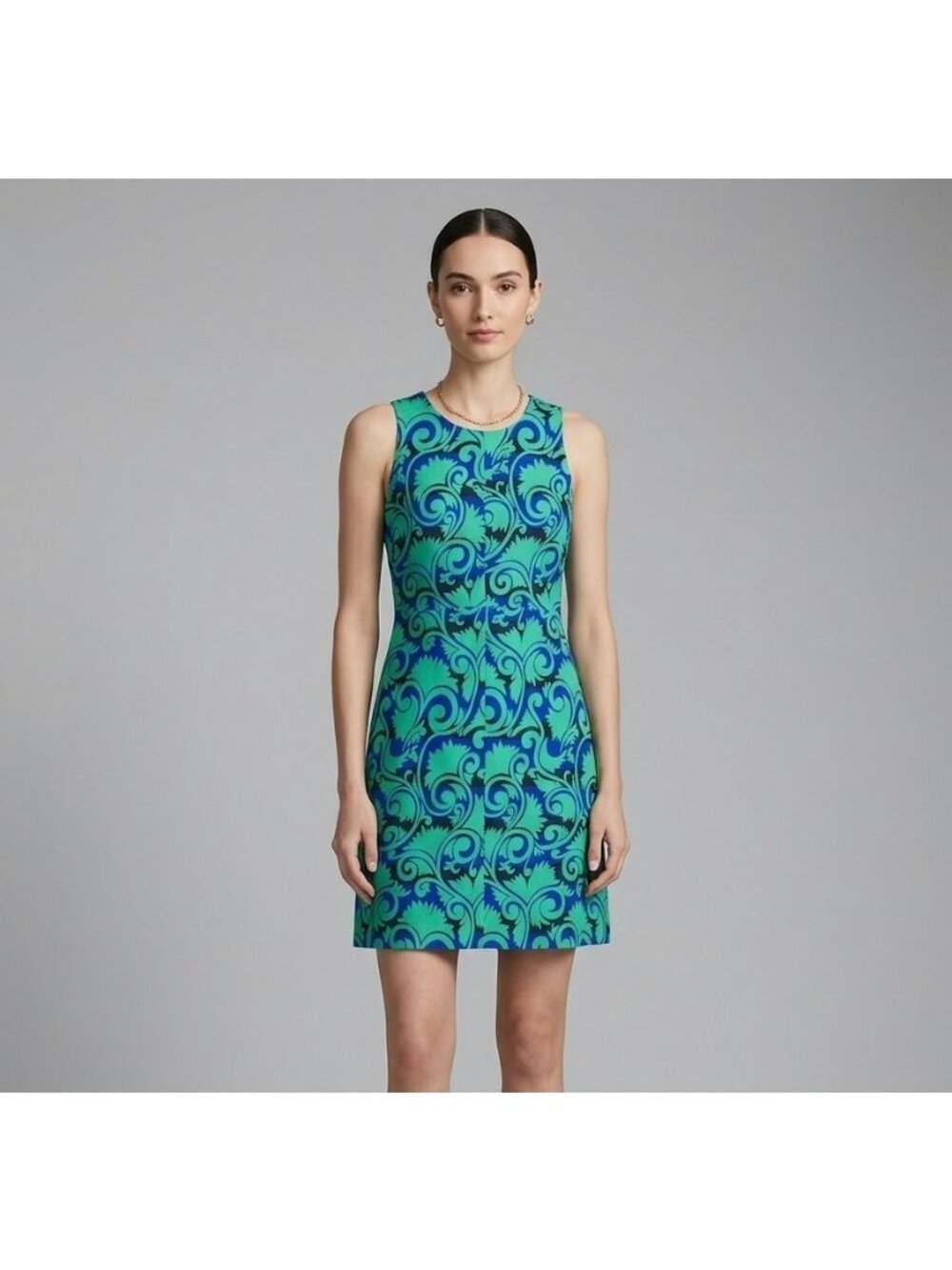 J.Crew Vineyard Jacquard A-Line Dress Womens 2 Tall Green Blue Sleeveless Lined